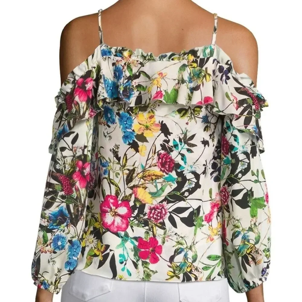 Parker Clark Floral Print Silk Blouse Cold Shoulder Long Sleeve Size Medium